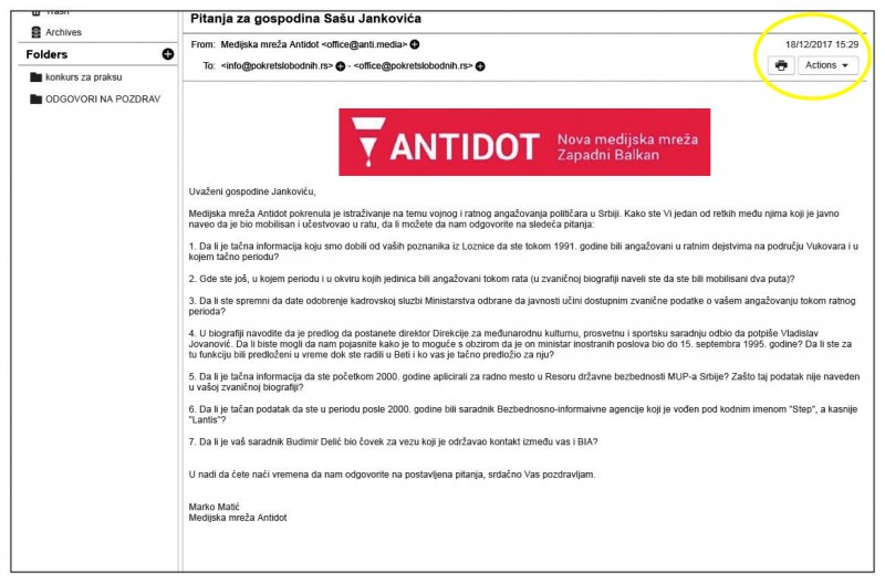 Jedan od brojnih primera e-mailova koje je redakcija Antidot-a slala Saši Jankoviću, njegovoj stranci, PR timu, a na koje ni on ni stranka nikada nisu odgovorili
